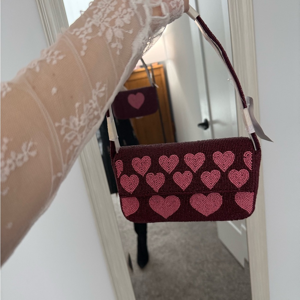 LOFT Burgundy shoulder purse with Pink Heart beading